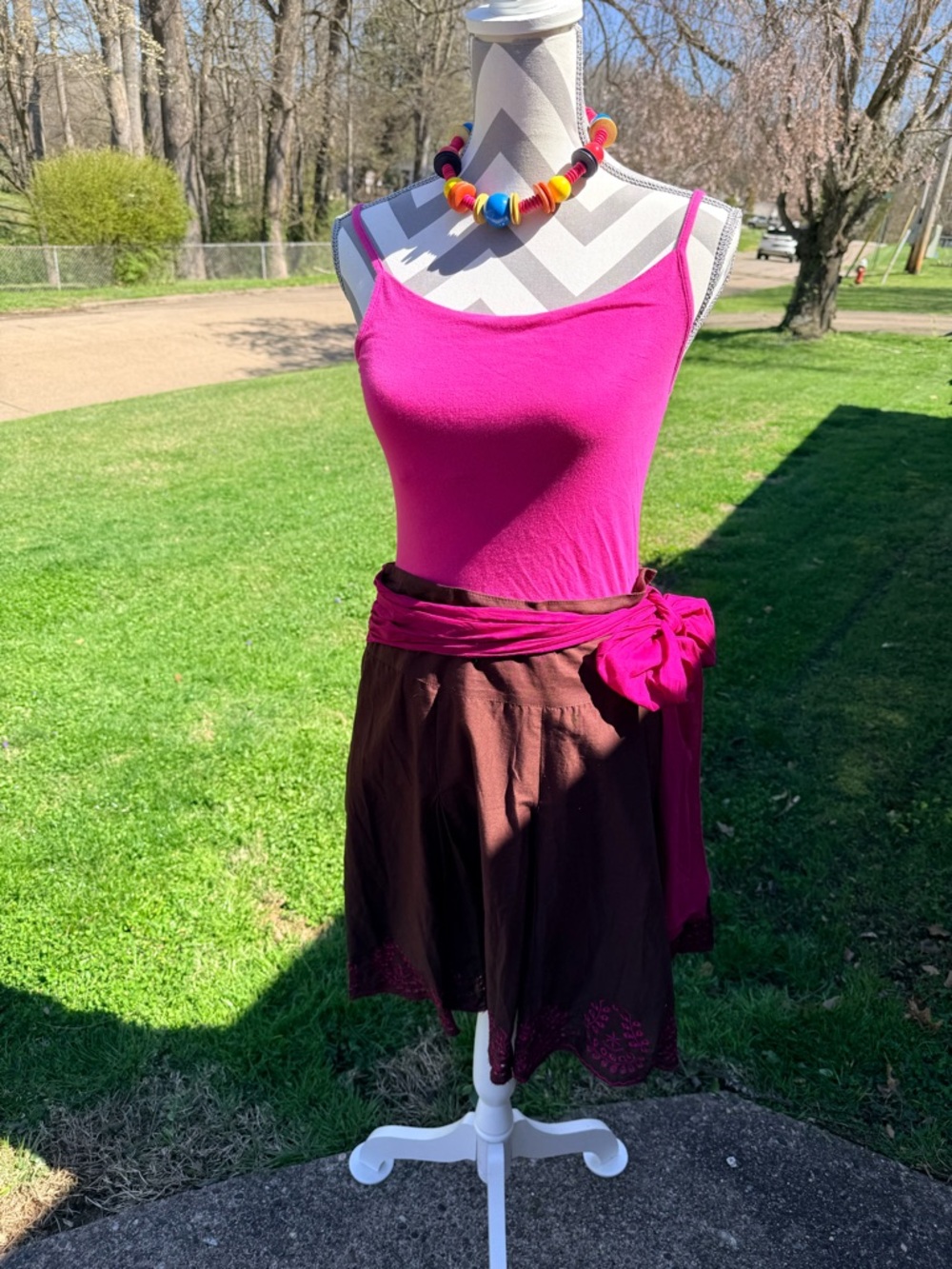 Heart & Soul Women’s Fuchsia Brown embroidered Wrap Skirt with sash tie SzL EUC